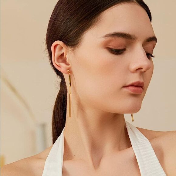 Gold 14k Gold Plated Bar Chain Drop Earrings - Picture 4 of 4